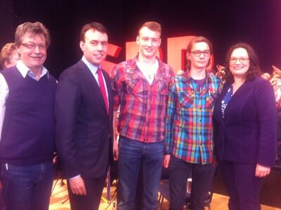 v.l.n.r.: Hubert Kohl, Dr. Nils Schmid (MdL), Moritz Kohl, Jesse Ceruso, Andrea Nahles (MdB)